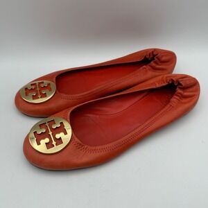 Tory Burch Reva Ballet Flats Women 9.5 Orange Leather Gold Logo Medallion